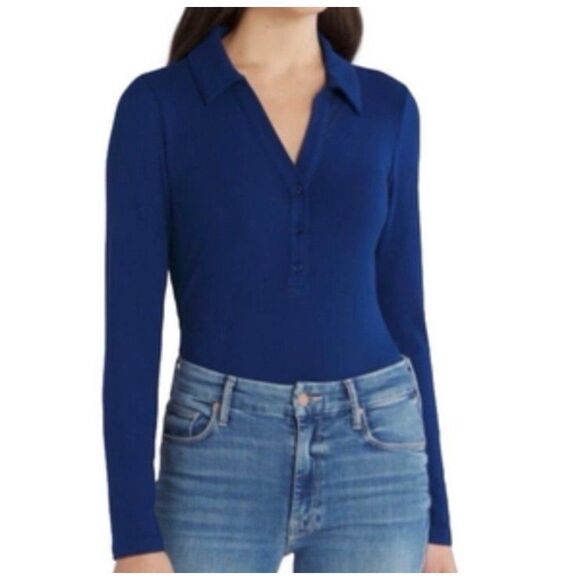 Violets & Roses NWT Blue Ribbed Knit Long Sleeve Bodysuit Fall Chic Minimalist - Picture 2 of 11